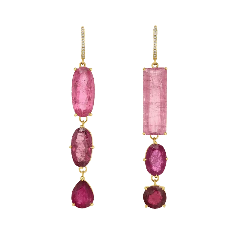 Pink Tourmaline Three Stone Drop Earrings