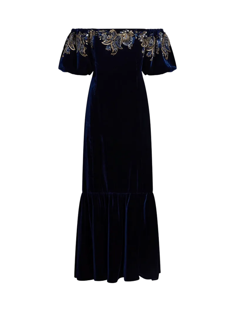 LONG VELVET DRESS WITH PAISLEY FOLIAGE EMBROIDERY