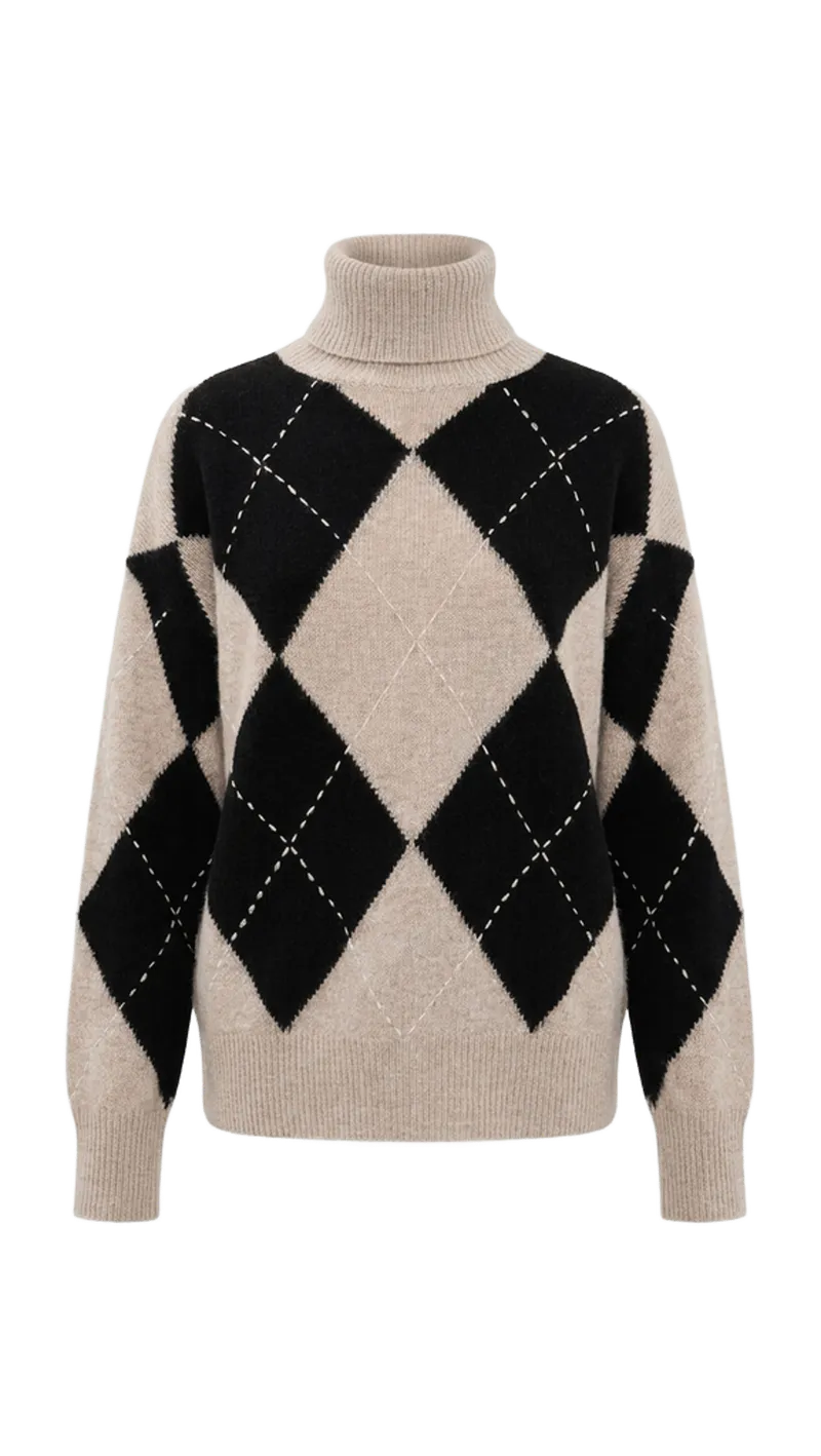 Cashmere Argyle Turtleneck Pullover