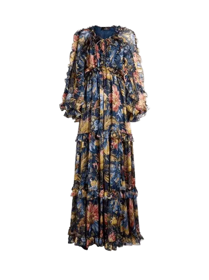 LONG DRESS IN SILK WITH RUFFLES AND FLORAL MOTIF