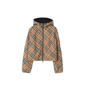 Cropped Reversible Check Hooded Jacket in Sand beige - Women, Nylon | Burberry Official