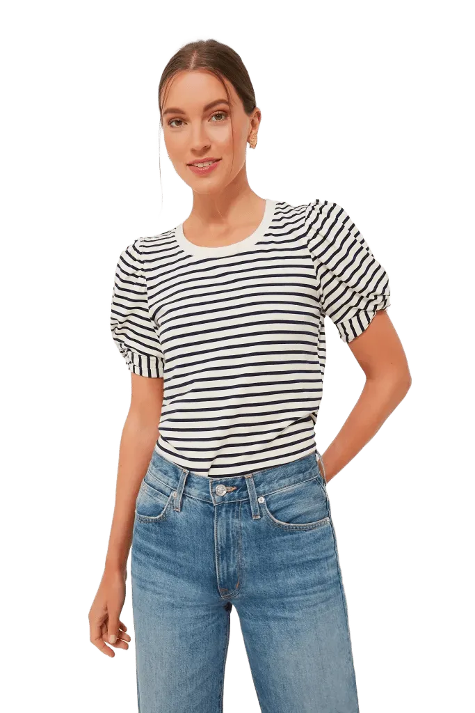 Navy Striped Vesty Puff Short Sleeve Crewneck