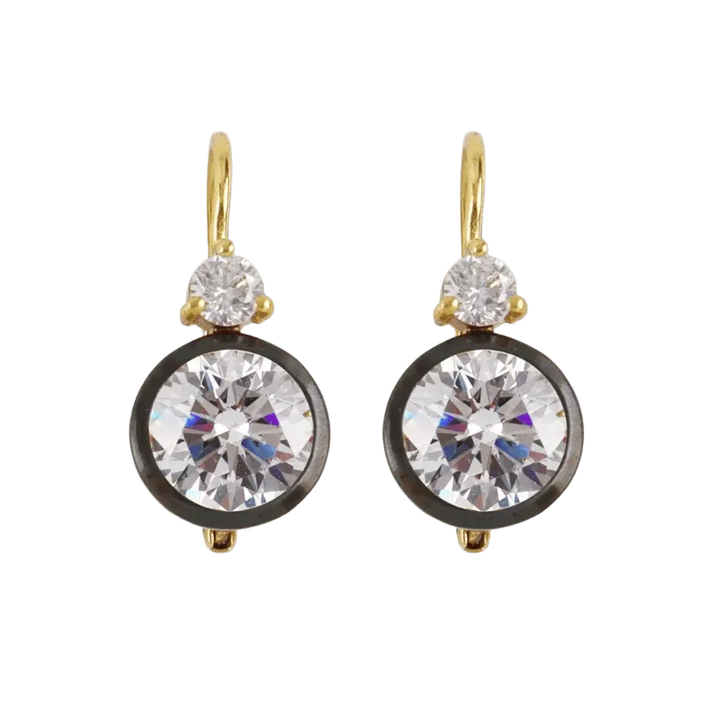 Rhodium Double Bezel Drop Earrings