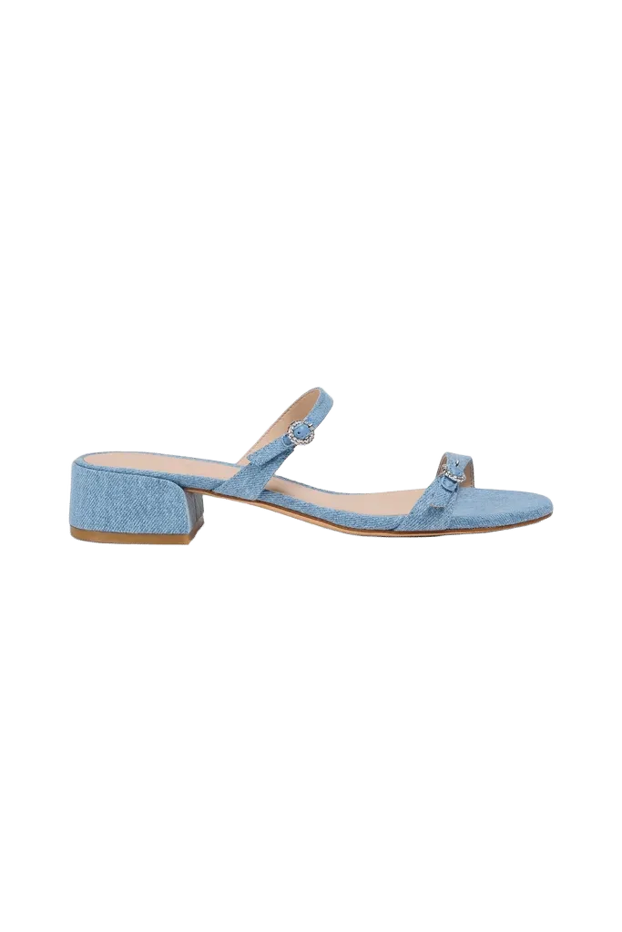 Stuart Weitzman Ginger Denim Mules with Crystal-Embellished Buckles