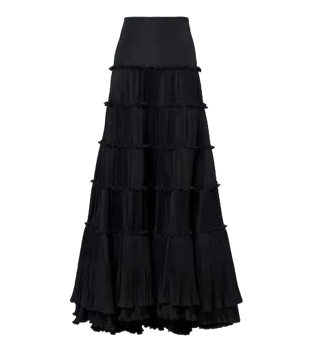 Plissé tiered taffeta maxi skirt