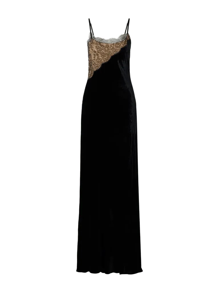 Lace-trimmed velvet gown
