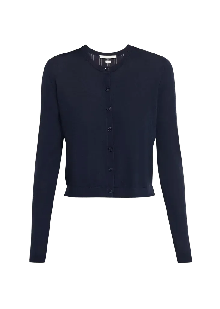 Striped-Panel Merino Wool Knit Crewneck Cardigan