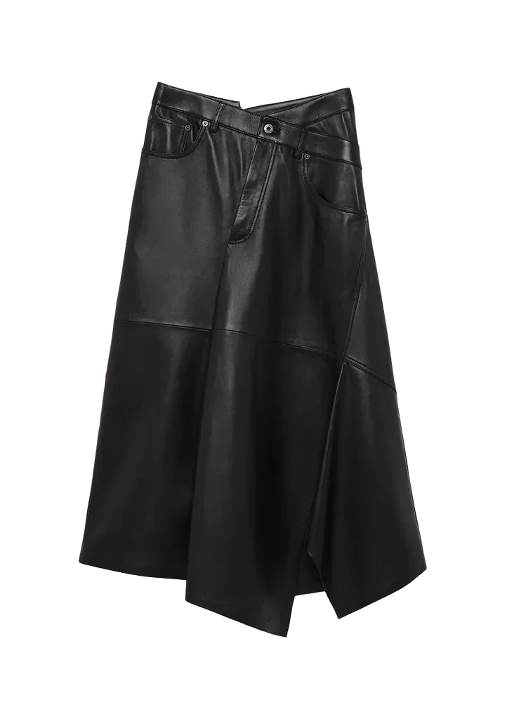 Asymmetric Leather Midi Skirt