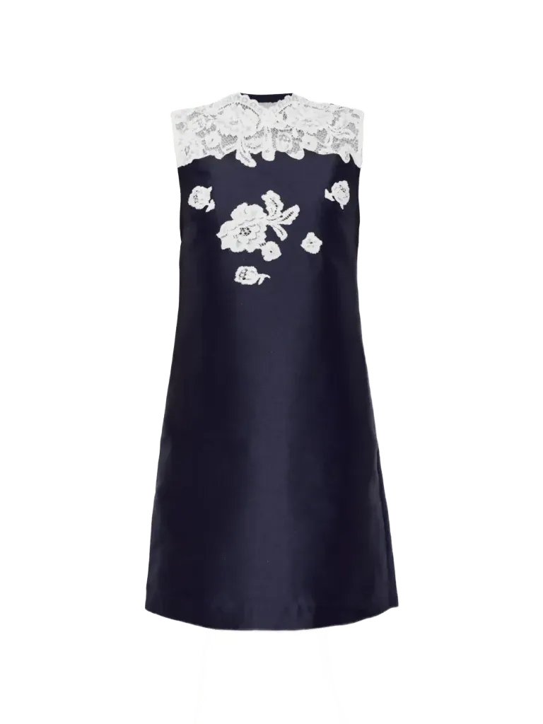 navy taffeta lace mini dress