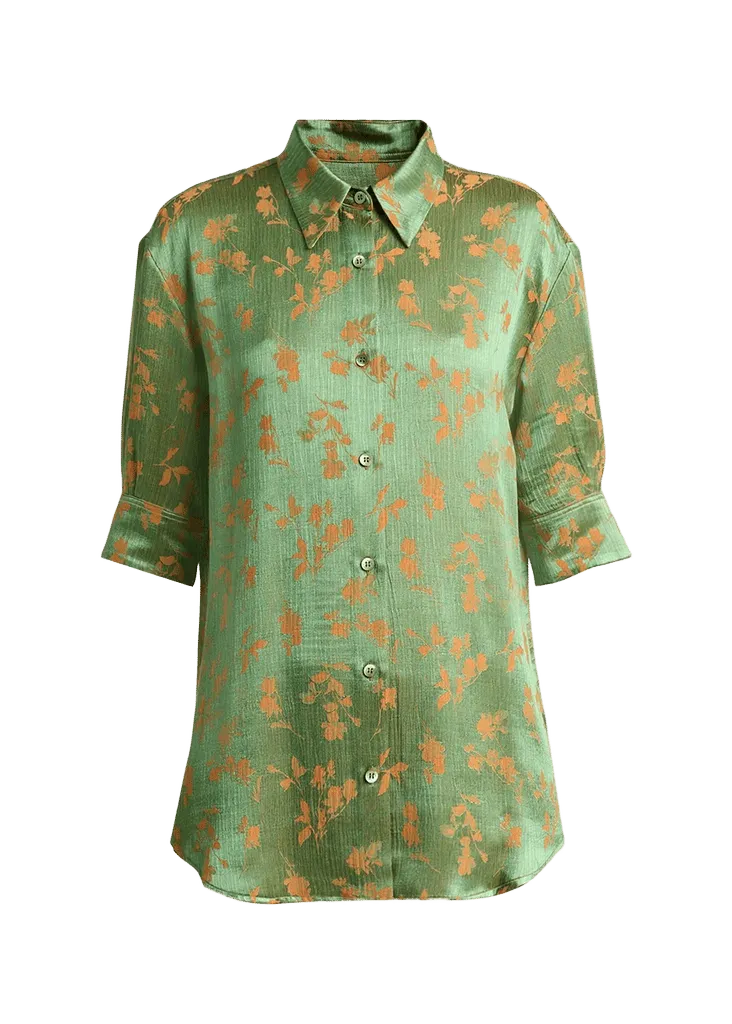 Floral Jacquard Elbow-Sleeve Button-Down Shirt