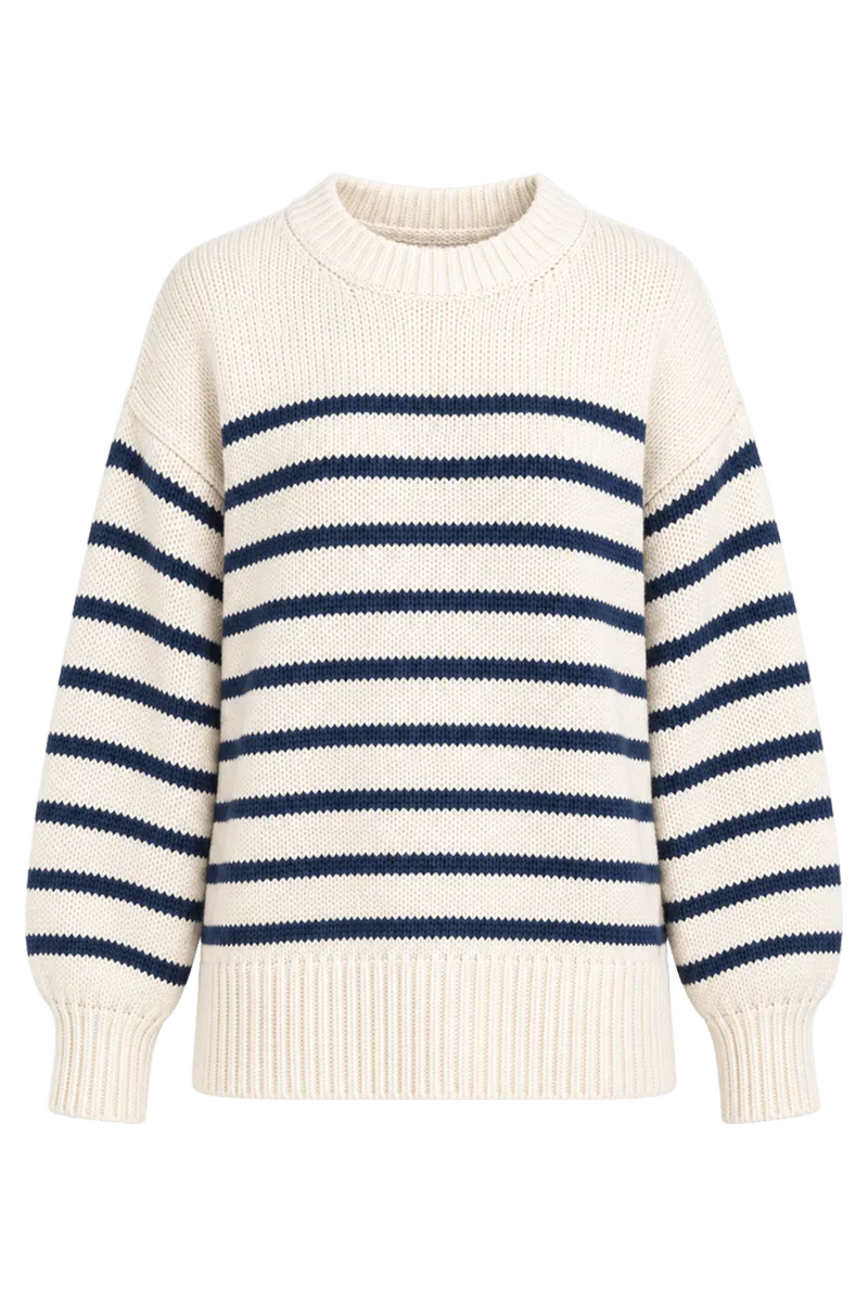 Ivory and Navy Stripe Cotton Genevieve Crewneck Sweater