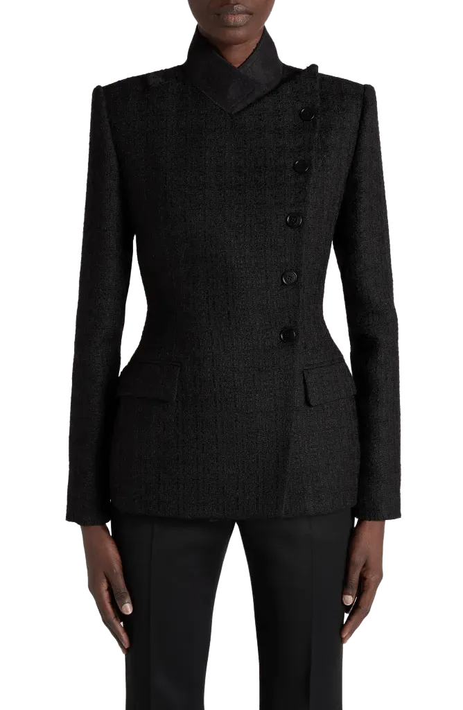 Textured Wool Blend Asymmetric Button Jacket