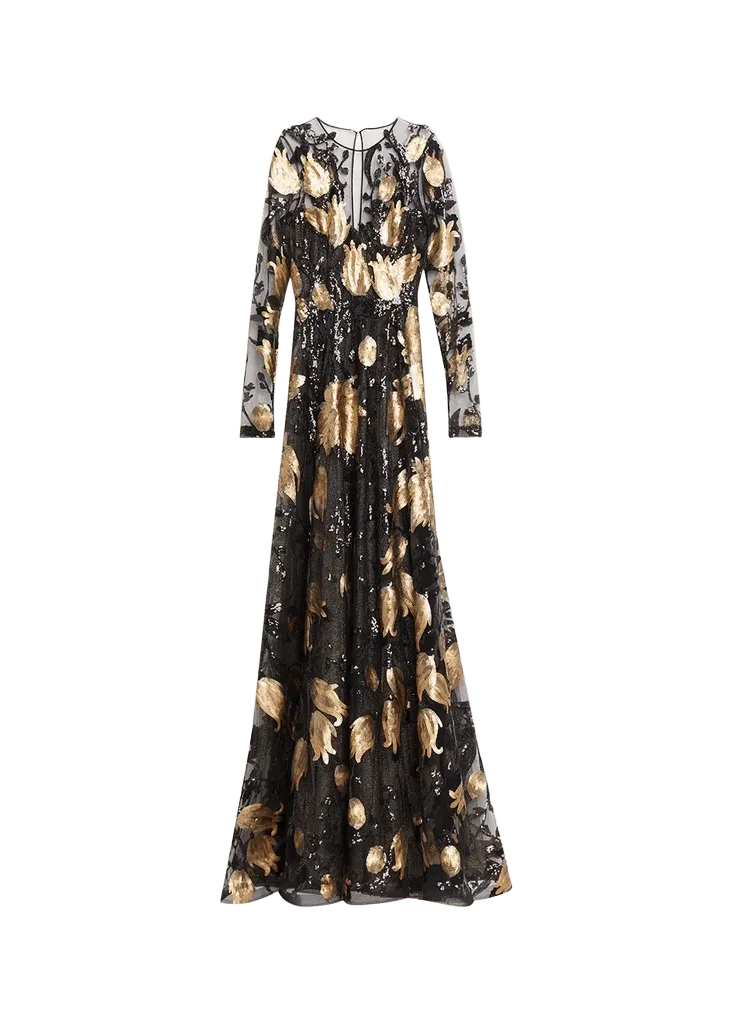Floral Sequined Long-Sleeve Illusion Gown