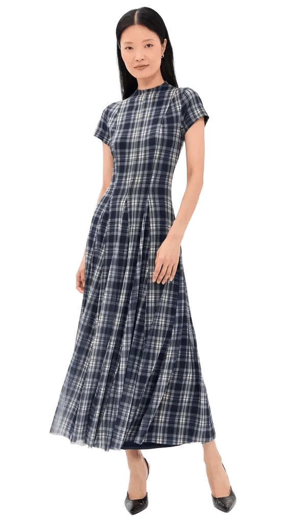 Mesh Check Godet Maxi Dress