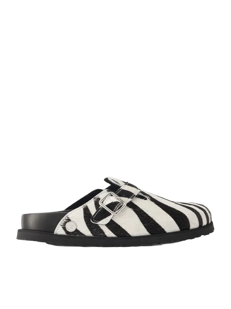Boston leather-trimmed zebra-printed calf-hair mules