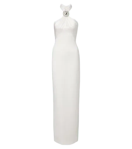 Embellished halterneck satin-trimmed gown