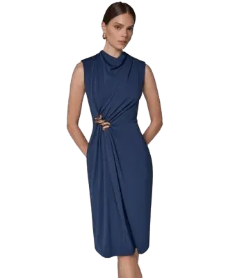 Women's Sleeveless Mock Neck Gathered Waist Midi Dress