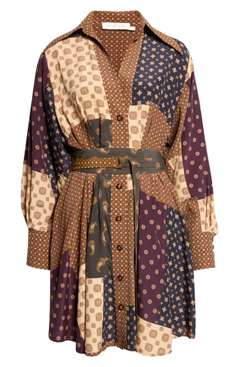 Patchwork Print Belted Long Sleeve Shirtdress