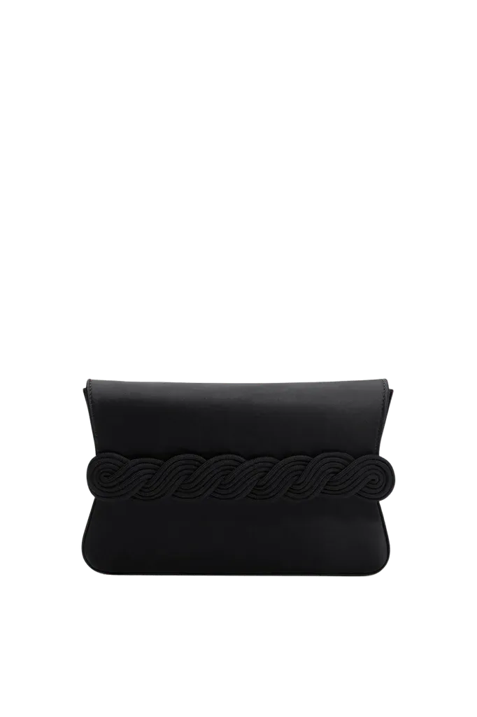 Black satin clutch with braided passementerie