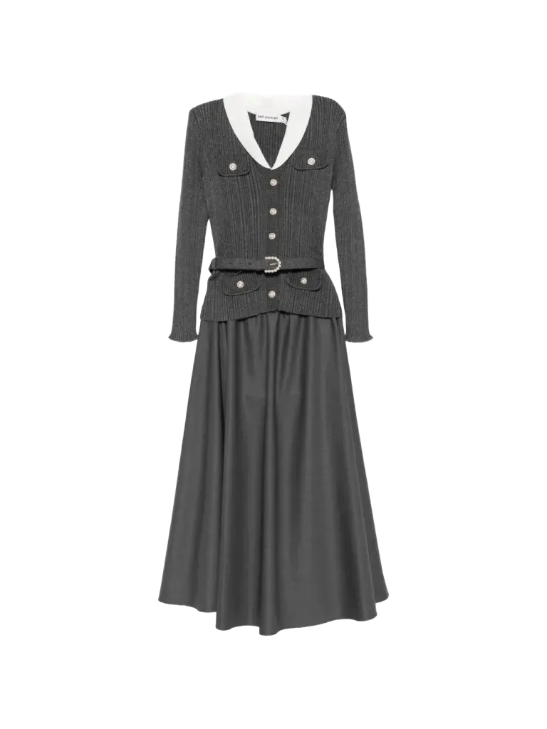 Self-Portrait belted ribbed-knit midi dress