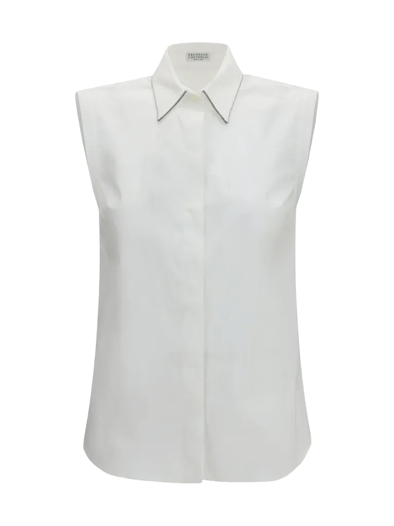 Brunello Cucinelli Embellished Collar Sleeveless Shirt — White