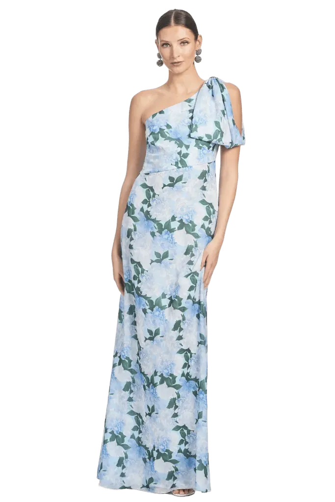CHELSEA BLUE FLORAL CHIFFON FLOOR LENGTH GOWN