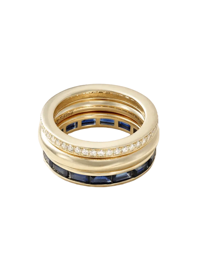 Stack set of three 14-karat gold, navy sapphire and diamond rings