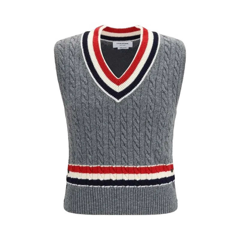 Thom Browne Cable-Knit V-Neck Tank Top — Gray