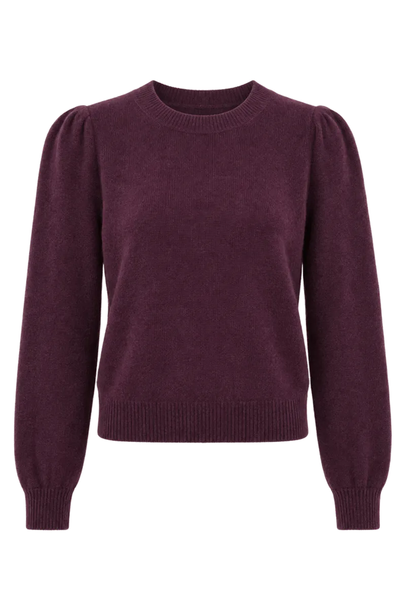 Plum Cashmere Puff Sleeve Macy Crewneck Sweater
