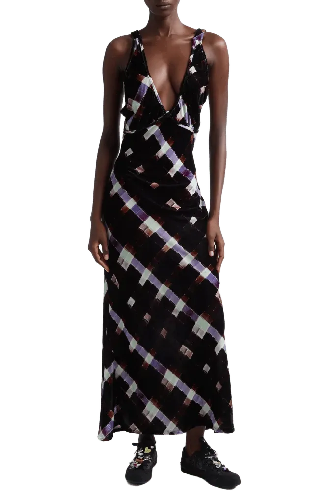 Jacqueline Painted Plaid Plunge Neck Velvet Slipdress