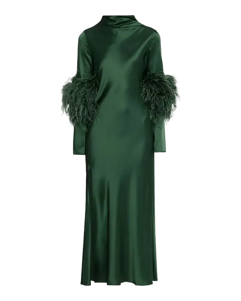 Satin Draped Neck Feather-Trim Midi Dress