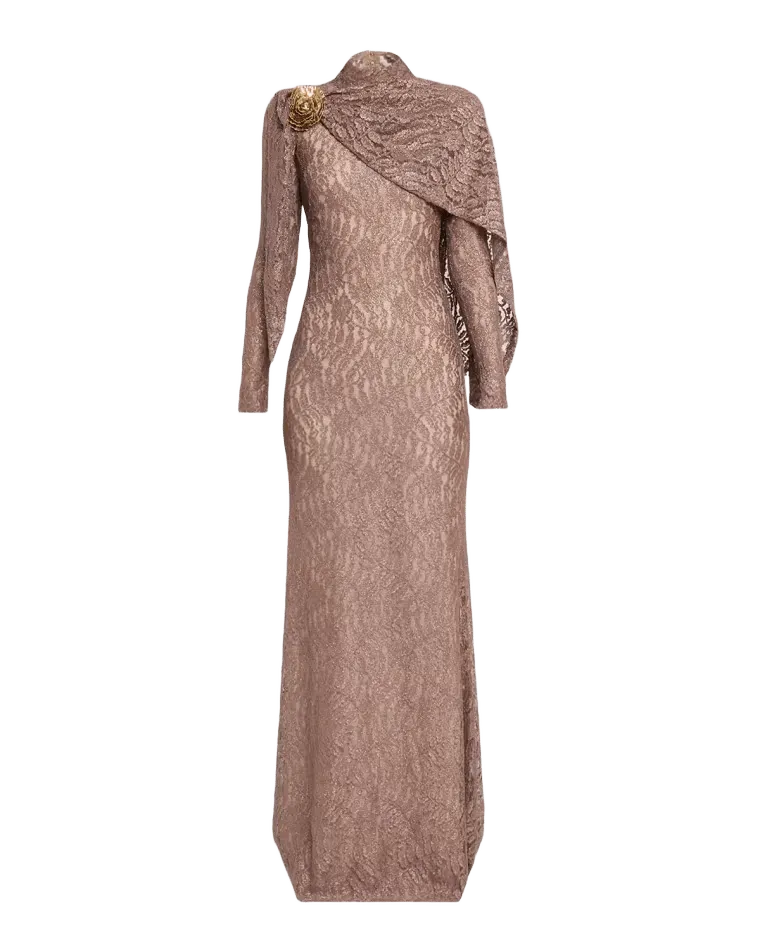 Long-Sleeve Shimmering Lace Draped Gown With Brooch