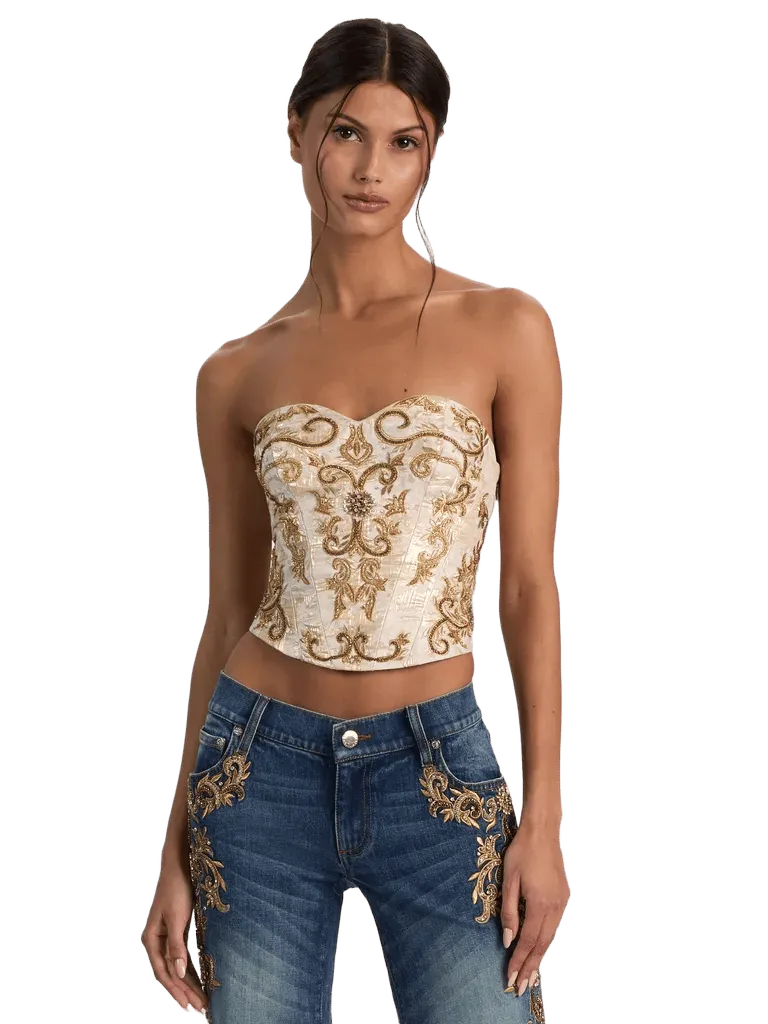 ALECIA EMBELLISHED STRAPLESS BUSTIER TOP - CHAMPAGNE/GOLD