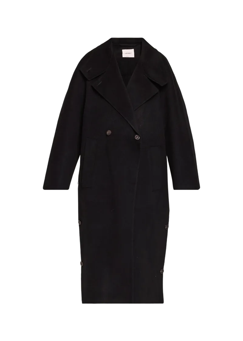Double Shawl Wool-Cashmere Buttoned Hem Long Coat