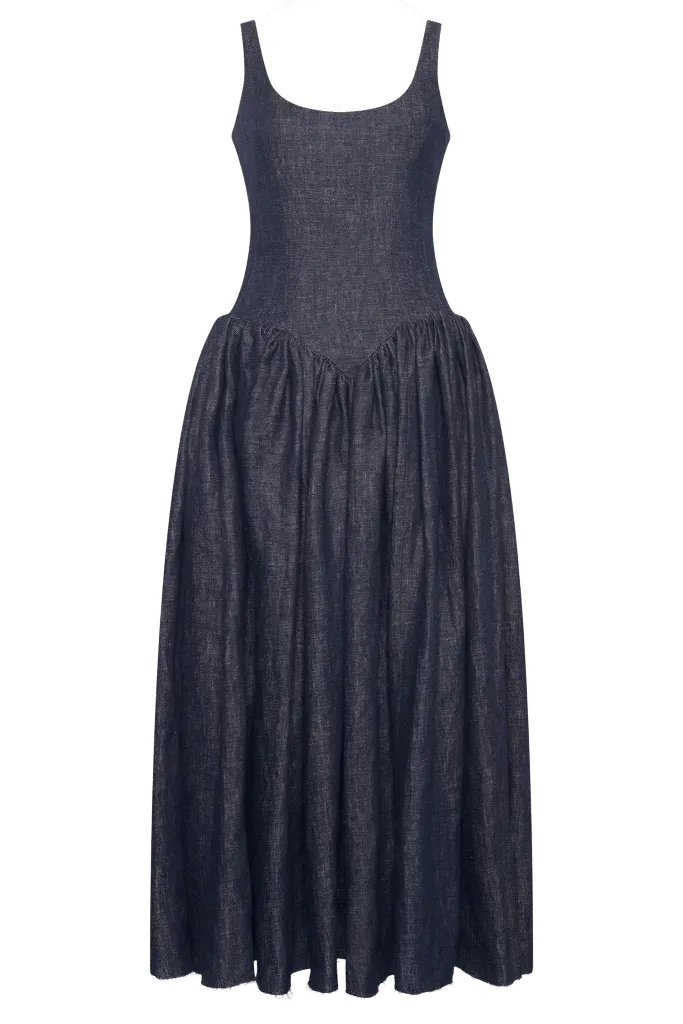 Isai Maxi Dress in Stone Washed Linen Denim