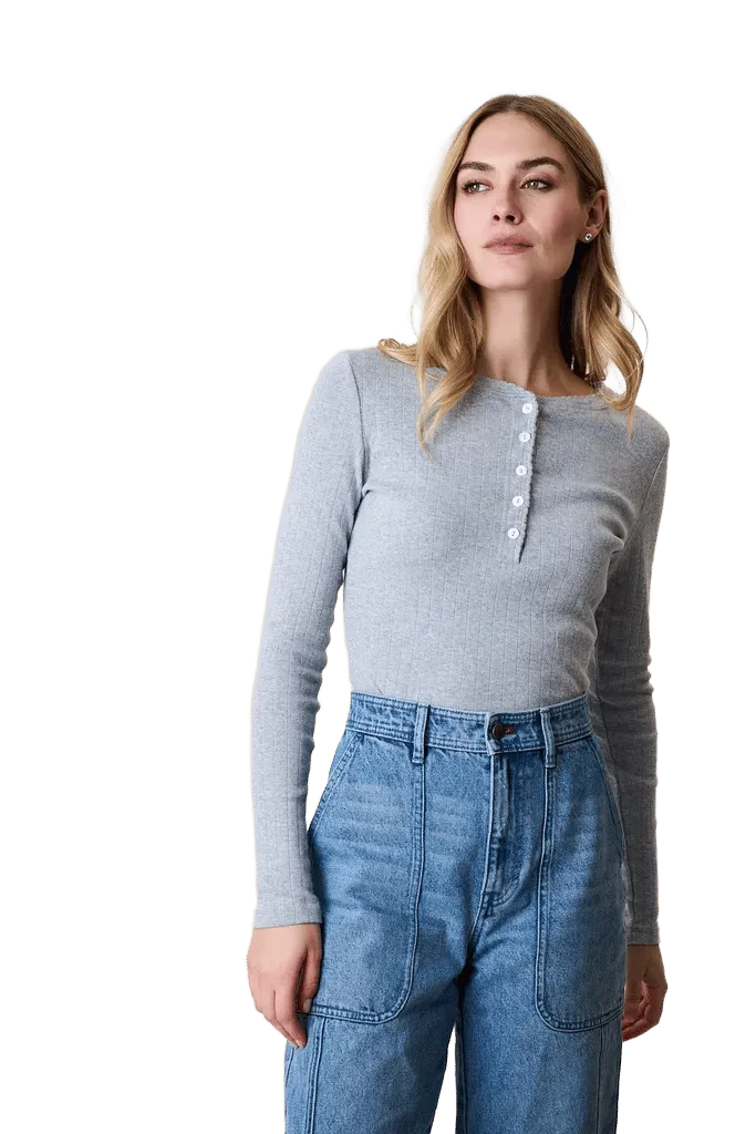 Pointelle Long Sleeve Henley - Grey