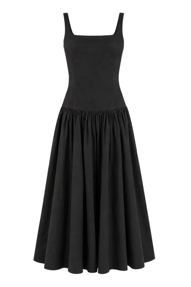 Black Cotton Sateen Dominique Maxi Dress