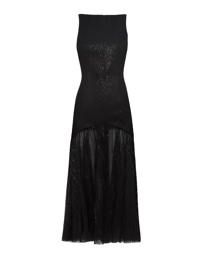 Bateau-Neck Sequined Semi-Sheer Midi Dress