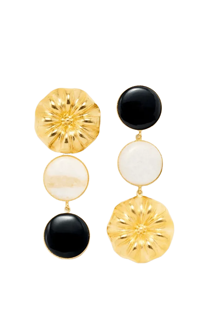 Double stone earrings - Gold, Black & White