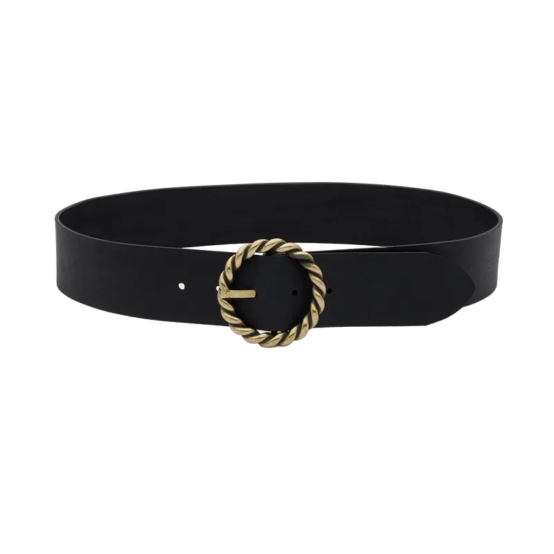 Wide Leather Belt with Metal Rope Twist Buckle