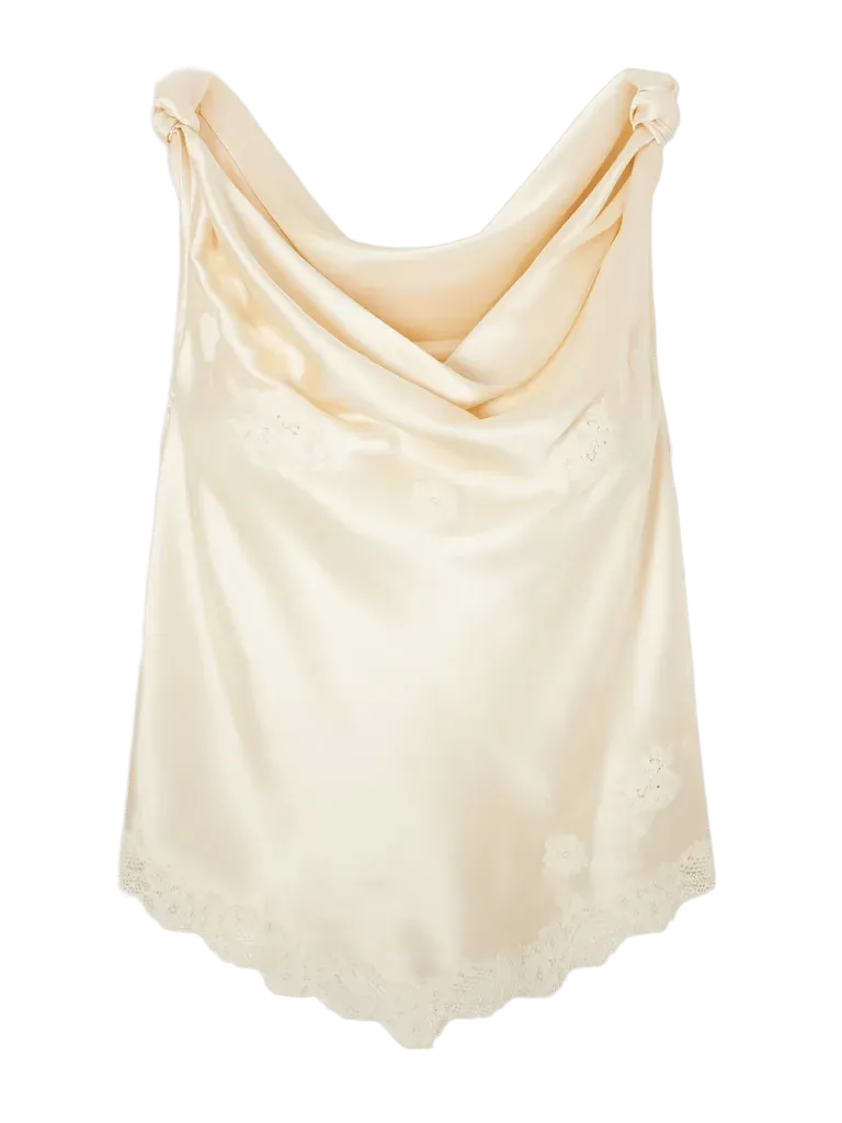 Manon gathered lace-trimmed silk-satin top