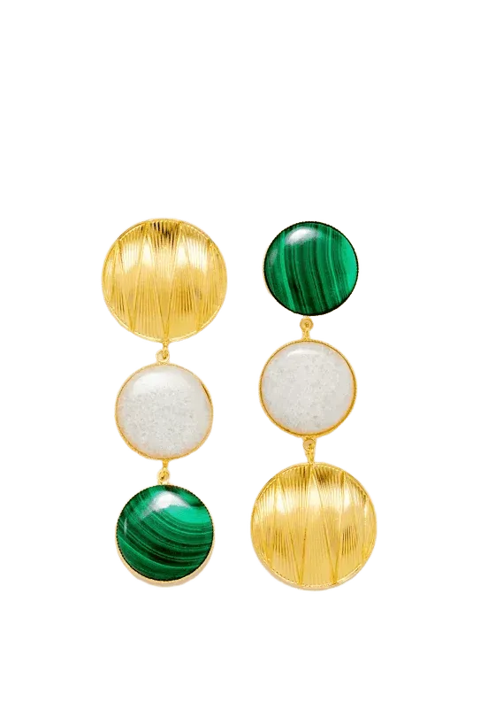 Glittery geometric double stone earrings - Gold & Dark Green