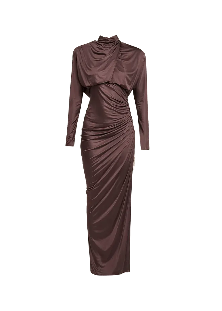 Balmain Strong-Shoulder Jersey Ruched Slit Maxi Dress
