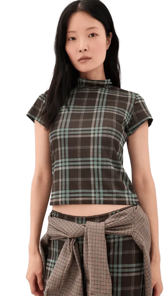 High Neck Check Print Mesh Top