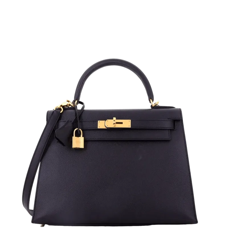 Pre-Owned Hermes Kelly Handbag Black Epsom with Gold Hardware 28 (Women)