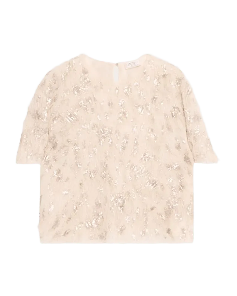 Animalier Sequined Fringe Silk Short-Sleeve Top