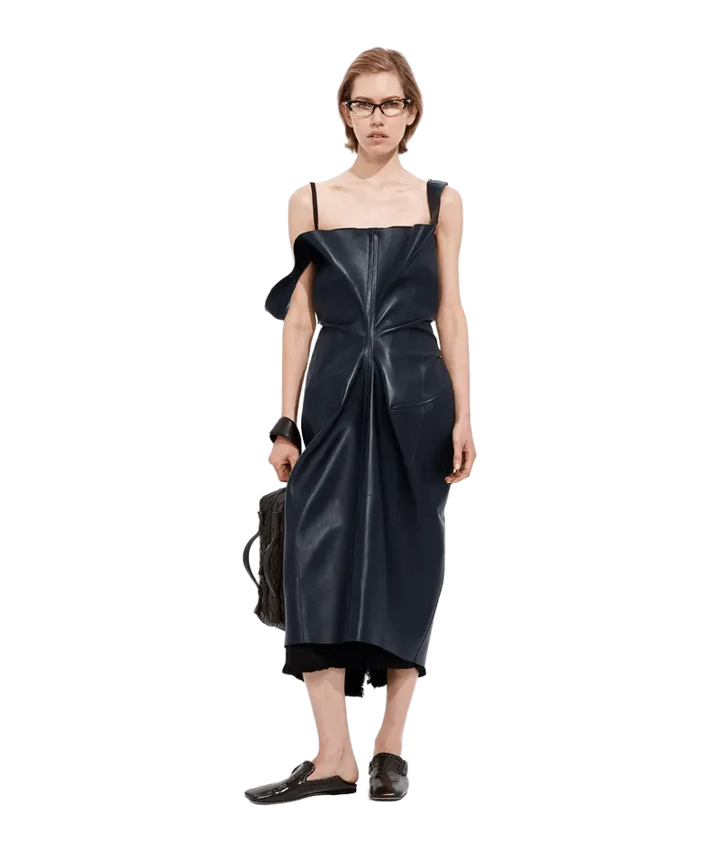Women's Semi Shiny Leather Dress in Midnight blue