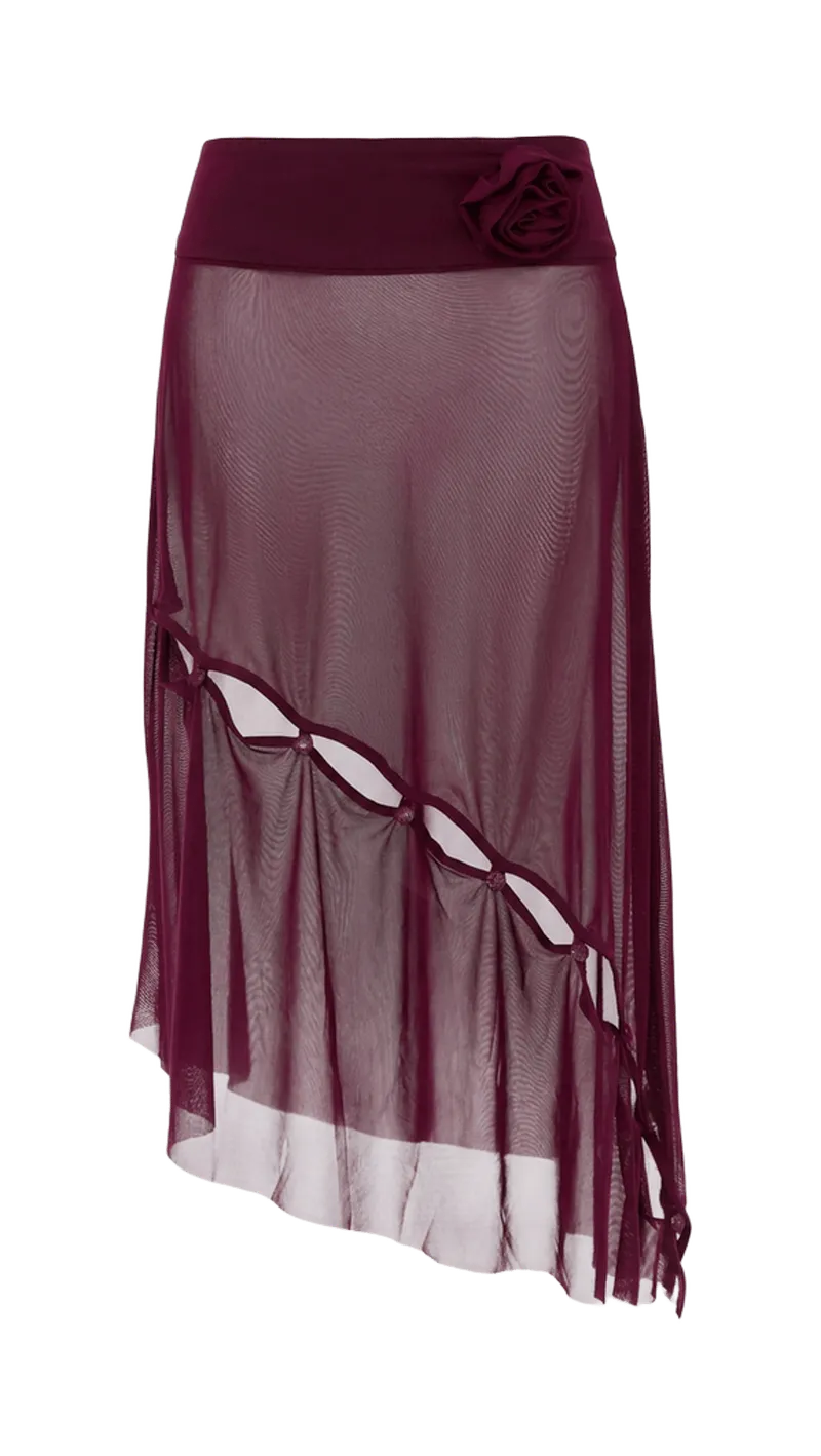 Asymmetric Mesh Skirt with Flower Applique