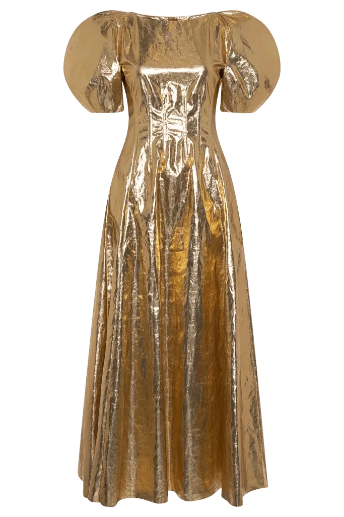 Ranya Puff Sleeve Maxi Dress in Metallic Gold Linen Twill
