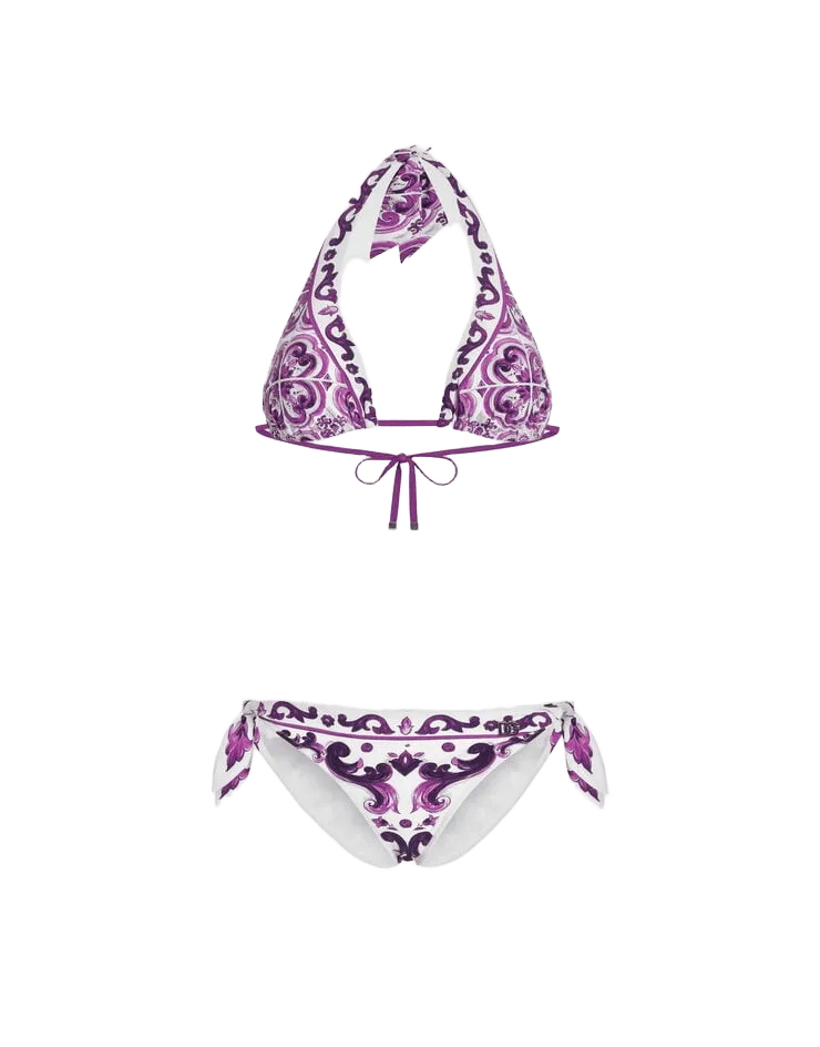 Majolica-print padded triangle bikini